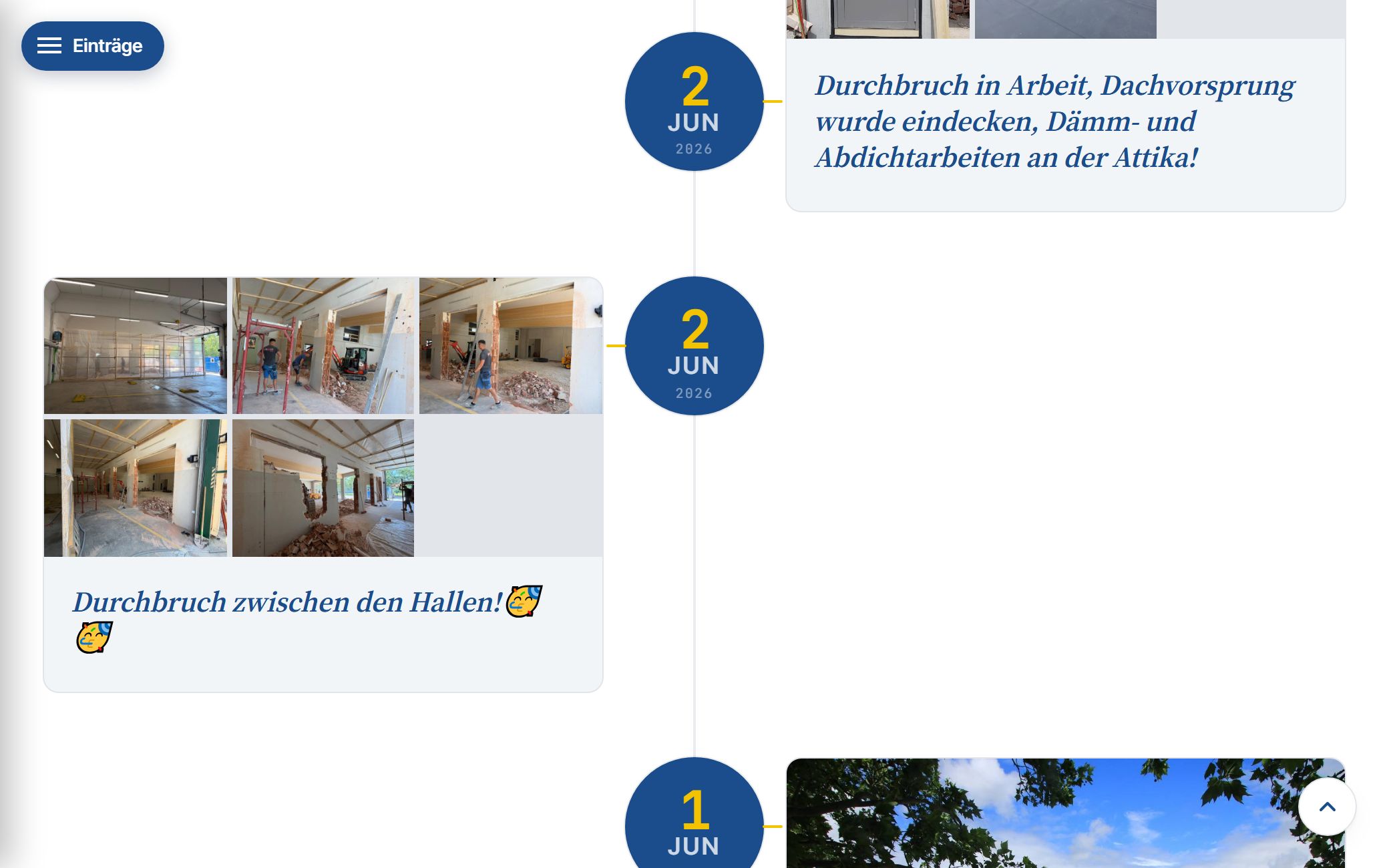 Bautagebuch der Feuerwehr Laxenburg, Zeitstrahl mit Eintr&auml;gen aus Baustellenfotos