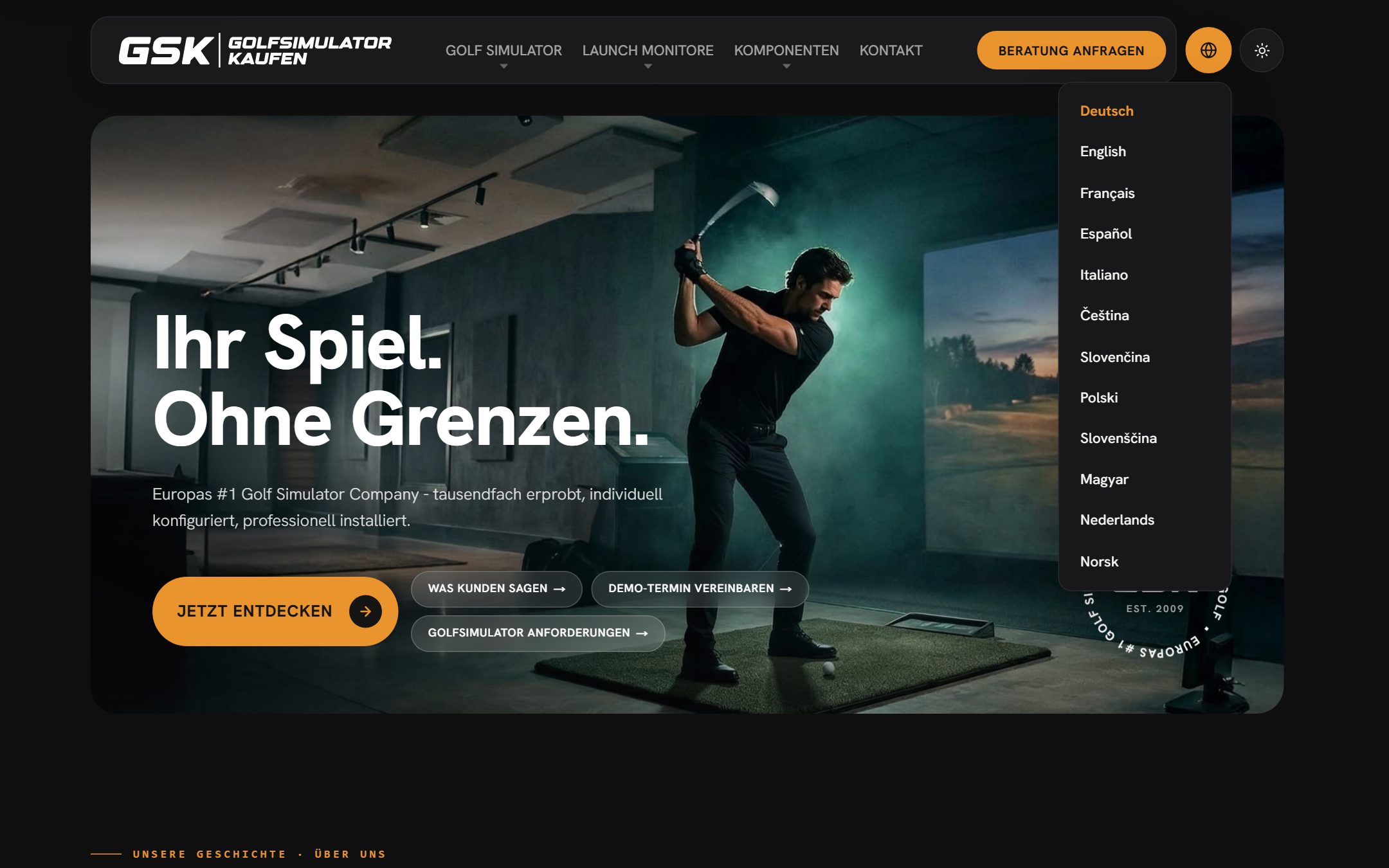 Die Verkaufsseite golfsimulator.kaufen mit ge&ouml;ffneter Sprachauswahl, zw&ouml;lf Sprachen