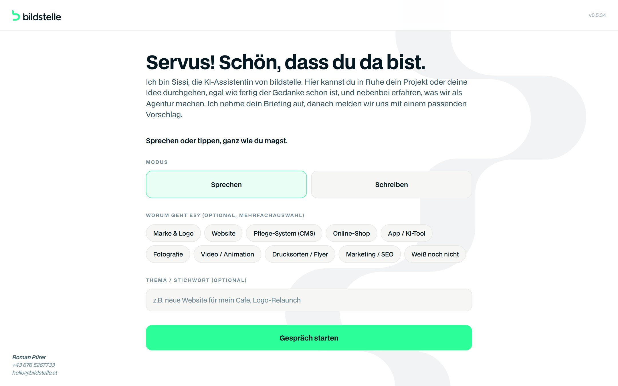 Die Briefing-Assistentin Sisi, Startbildschirm mit Themenauswahl